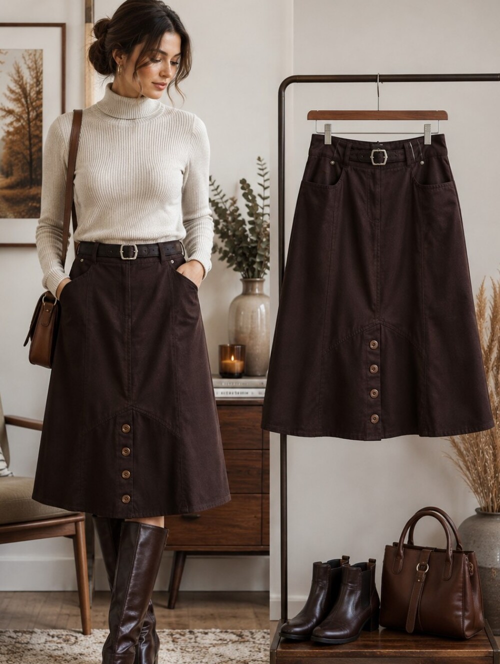 BGN&CO Brown A-Line Midi Skirt Button Front Utility Pockets Size 5/6